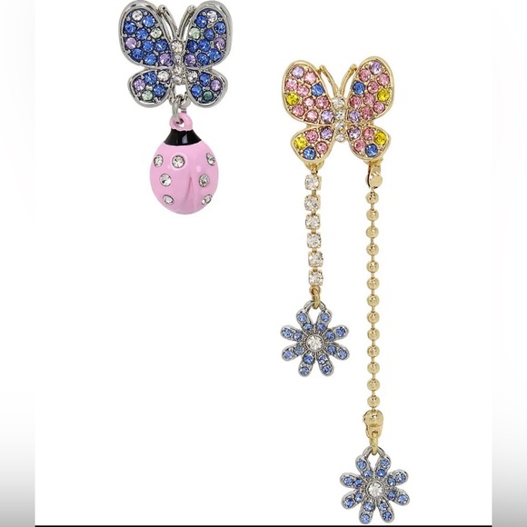 Betsey Johnson Jewelry - Betsey Johnson Butterfly Mismatch Rhinestone Linear Earrings